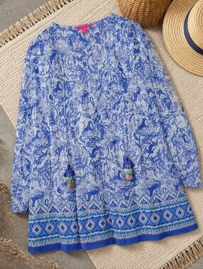 Lilly Pulitzer Blue and White Printed Tassel Tunic Top